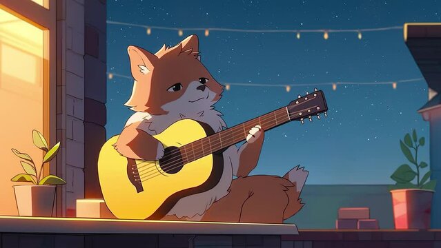 Lofi animation. Seamless loop. Fox playing guitar. Assets were created with the help of an AI and then were manually modified and animated.