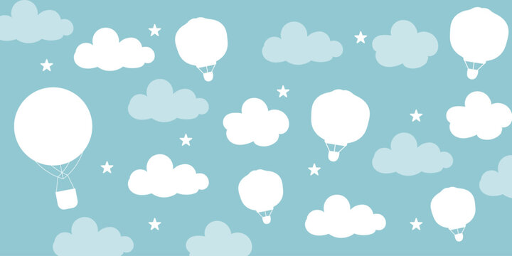 Fototapeta hand drawn cute wallpaper with clouds, stars, air balloon and moon. Wallpaper for a little princess. vector Wallpaper.