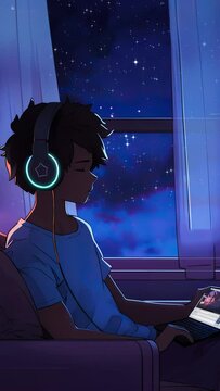 Lofi animation. Seamless loop. Guy listening the music. Assets were created with the help of an AI and then were manually modified and animated.