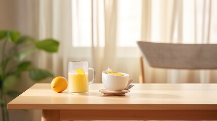 A cup of orange juice and a cup of yogurt with orange slices on a wooden table - obrazy, fototapety, plakaty