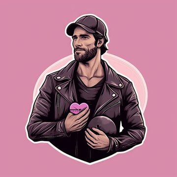 A brutal man who looks like a biker with a heart in his hands. Leather jacket on a guy. Concept: declaration of love, expression of feelings on Valentine's Day