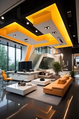 Obraz premium Office interior with modern furniture and bright orange accents