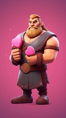 Obraz premium Illustration of a cartoon Viking with a heart in his hands. A brutal man in love with a symbol of love. Pink background with copy space. Concept: confession of feelings, Valentine's Day