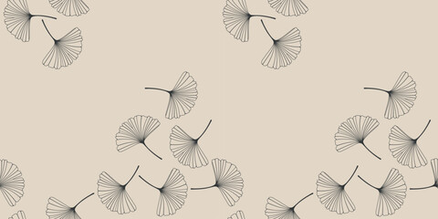 Seamless pattern with skeletonized gingko biloba leaves, veined, background in black and beige. Vector illustration EPS10