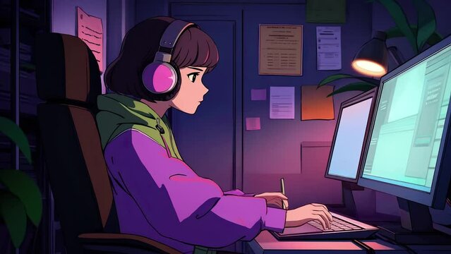 Lofi animation. Seamless loop. Girl is studying. Assets were created with the help of an AI and then were manually modified and animated.