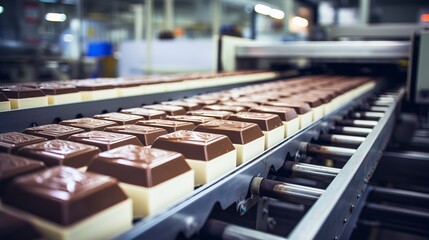 Confectionery factory modernized production line of chocolate candy on conveyor belt in operation - obrazy, fototapety, plakaty