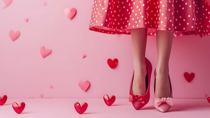 A woman stands confidently in her pink polka dot dress, her magenta high heels adding a touch of romance to her indoor valentine's day ensemble