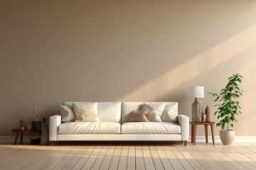 Fototapeta na wymiar beige living room interior with white sofa and green plant