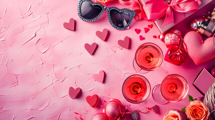 Romantic shades of love and passion shine through with heart-shaped glasses and pink objects adorning a soft pink surface on valentine's day