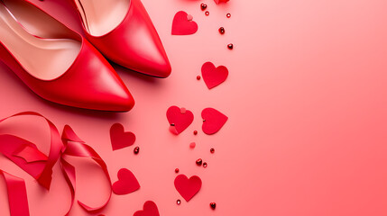 A pair of vibrant carmine red high heels with heart-shaped embellishments, placed delicately on a soft pink surface, exuding romance and style for valentine's day