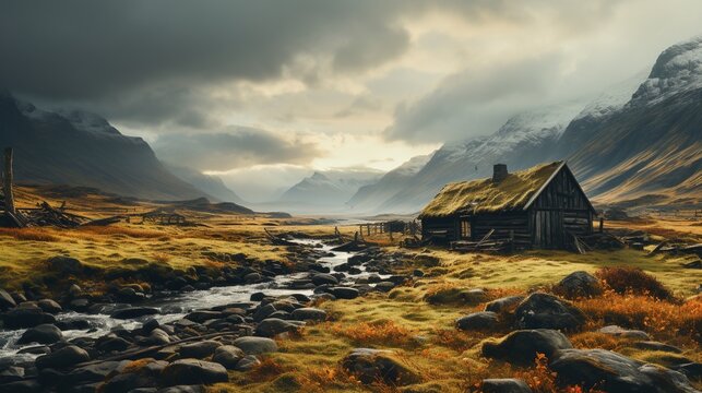 Thatched roof house in a valley with mountains in the background