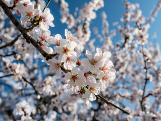 Obraz premium Flowering almond trees in daylight and blue sky