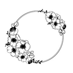 Anemone flower and leaves round shape wreath. Vector spring, summer flowers and leaves bouquet border