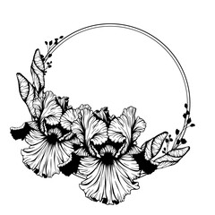 Iris flower round shape wreath. Vector spring, summer flowers and leaves bouquet border.