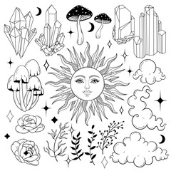 Crescent moon and sun face, clouds, magic crystal, flowers, mushrooms, stars. Isoteric vintage engraved vector set