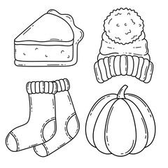Autumn or winter accessories vector set. Winter hat, warm socks, pumpkin, piece of pie