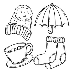 Autumn or winter accessories vector set. Winter hat, warm socks, umbrella, hot chocolate with marshmallows