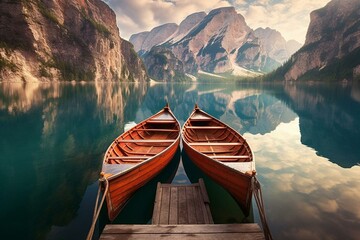 Scenic lake with boats amidst Dolomite mountains. Generative AI - obrazy, fototapety, plakaty
