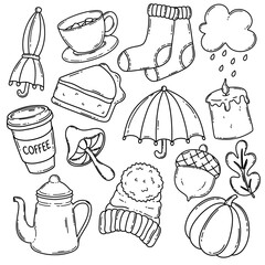 Autumn accessories vector set. Winter hat, socks, umbrella, piece of pie, candle, mushroom, cloud, pumpkin, leaf, tea pot, coffee, chocolate with marshmallows