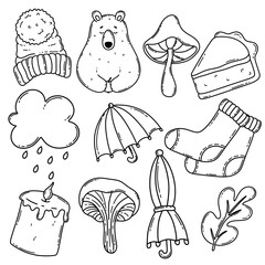 Autumn accessories vector set. Winter hat, socks, umbrella, piece of pie, candle, cloud, mushrooms, bear, leaf