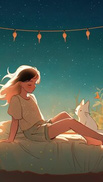 Lofi animation. Seamless loop. Girl in the room. Assets were created with the help of an AI and then were manually modified and animated.