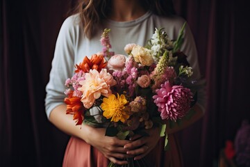 bouquet of flowers in female hands on black background