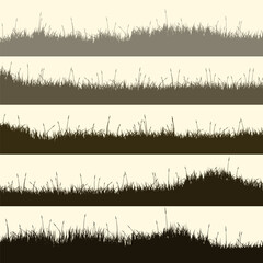 Meadow silhouettes with grass, plants on plain. Panoramic summer lawn landscape with herbs, various weeds. Herbal border, frame element. Brown horizontal banners. Vector illustration