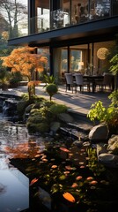 Modern house with pond and waterfall