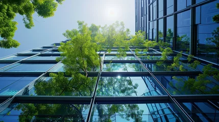 Deurstickers Eco-friendly building in the modern city. Sustainable glass office building with tree for reducing carbon dioxide. Office building with green environment. Corporate building reduce CO2 © Jennifer