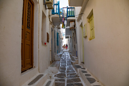 View of whitewashed cobbled street, Little Venice of Mykonos . Greek Island.