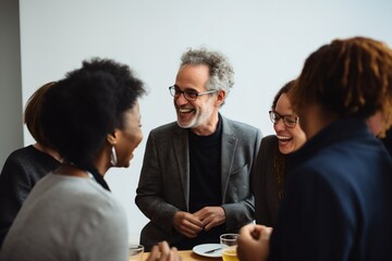 Group of diverse people laughing and talking at a table - obrazy, fototapety, plakaty