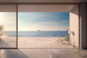 Modern Minimalist Beach House Interior With Large Glass Windows Overlooking The Ocean