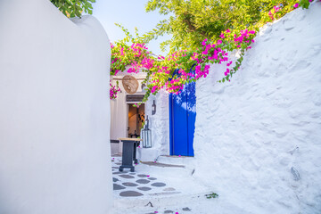 View of whitewashed cobbled street, Little Venice of Mykonos . Greek Island.