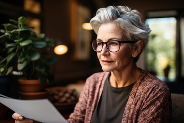 Contemplative senior woman reading a document