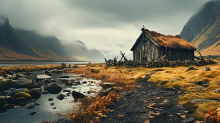 Thatched roof house in a valley - obrazy, fototapety, plakaty