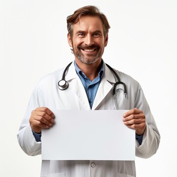 The doctor was standing holding a white paper sign at his midsection. Blank canvas for your message or brand. Simple and versatile picture ideas