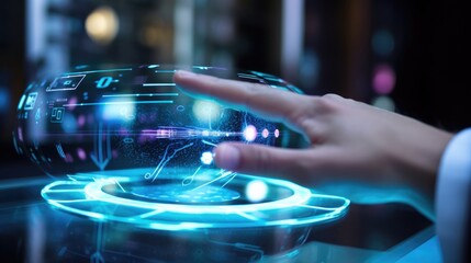 Detailed view of a physicians hand manipulating a holographic medical interface.