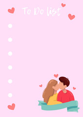 Style note organizer, check list, to do list with kisses pair. Printable notes with pair of boy and girl. Ready for print. Scrapbook, diary, page notebook, daily planner. Romantic stationery