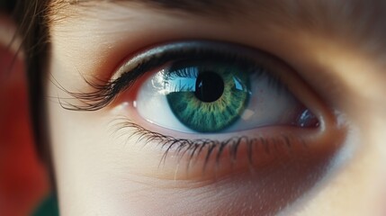 Closeup of a childs eyes intently watching a video lesson on a science app. - obrazy, fototapety, plakaty
