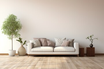 Bright living room with white sofa and plants
