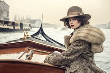 Sensual Charm of Venice Carnival: In the embrace of a Venetian boat, a woman dons a carnival mask, exuding mysterious allure against the backdrop of iconic Bridge