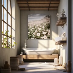 Bathroom with a picture of a flower field - obrazy, fototapety, plakaty