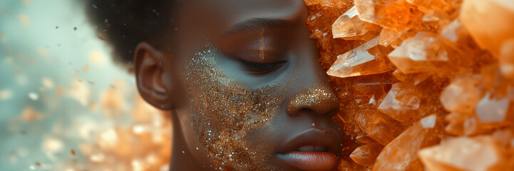 beauty woman, made of gold Crystal Geode, Split open, showcasing crystals inside. Surrealistic concept photography