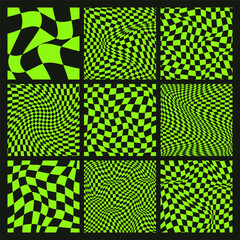 Trendy checkered pattern, black and green distorted tiled grid. Wavy curved backdrop, distortion effect. Funky geometric chessboard texture, retro background in 90s style, y2k. Vector illustration - obrazy, fototapety, plakaty
