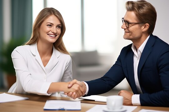 Business handshake between a man and a woman