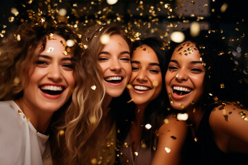 Fototapeta premium Girls friends party, having fun with gold confetti