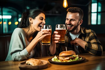 Laughing couple toasting beer glasses over burger and fries