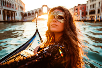 Fototapeta na wymiar Sensual Charm of Venice Carnival: In the embrace of a Venetian boat, a woman dons a carnival mask, exuding mysterious allure against the backdrop of iconic Bridge