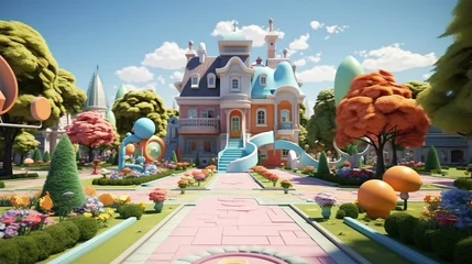 Fotobehang Colorful cartoon house in a whimsical setting © Molostock