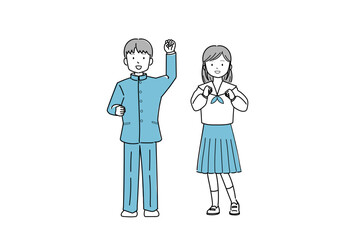 正面を向いてガッツポーズをする制服姿の学生